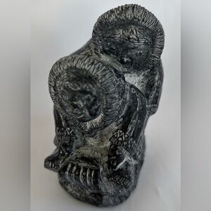 A WOLF Original Hand Carved Soapstone Sculpture Inuit Eskimo Kids Riding Sled